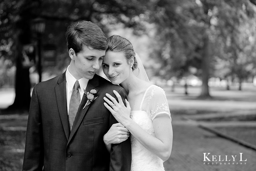 black and white photo of bride and groom