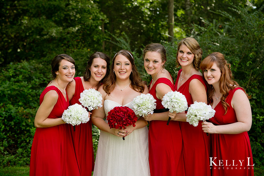 bridesmaids in garnet and black