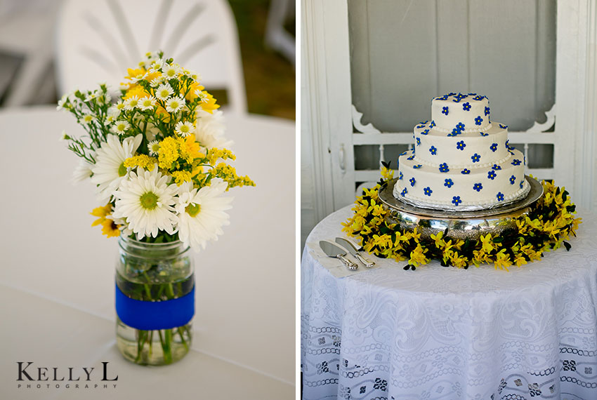 blue and yellow wedding cake and centerpieces