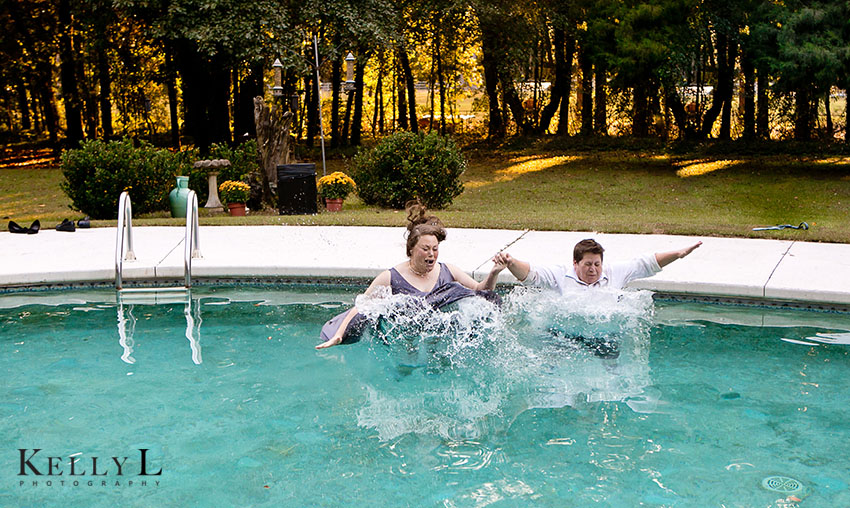 brides jump in pool at end of wedding reception