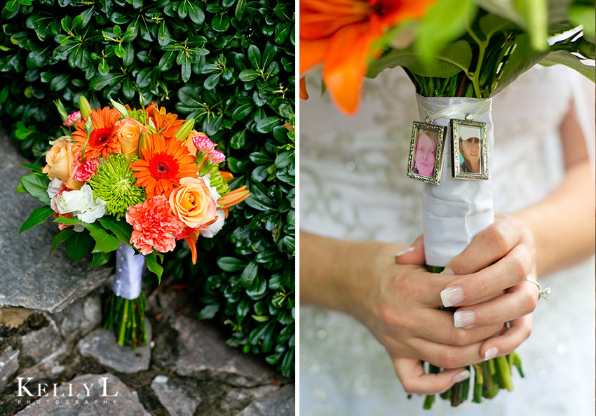 orange and green flowers with photos of moms pinned on