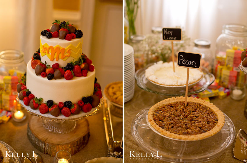 wedding cake with strawberries on top and a variety of pies
