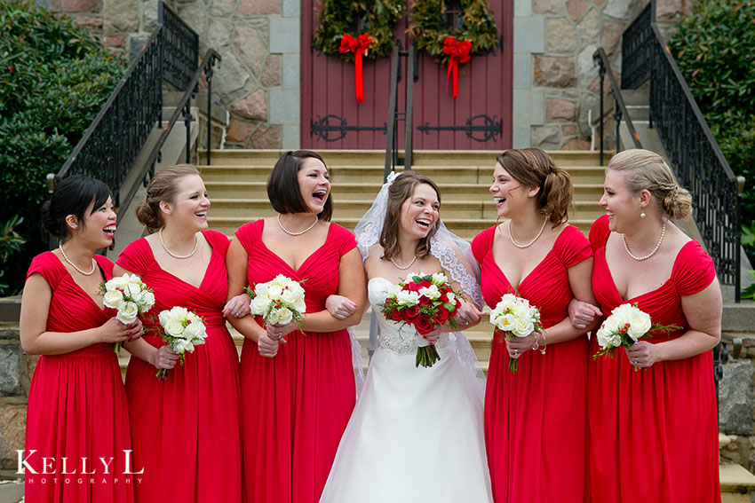 bridesmaids in red dresses