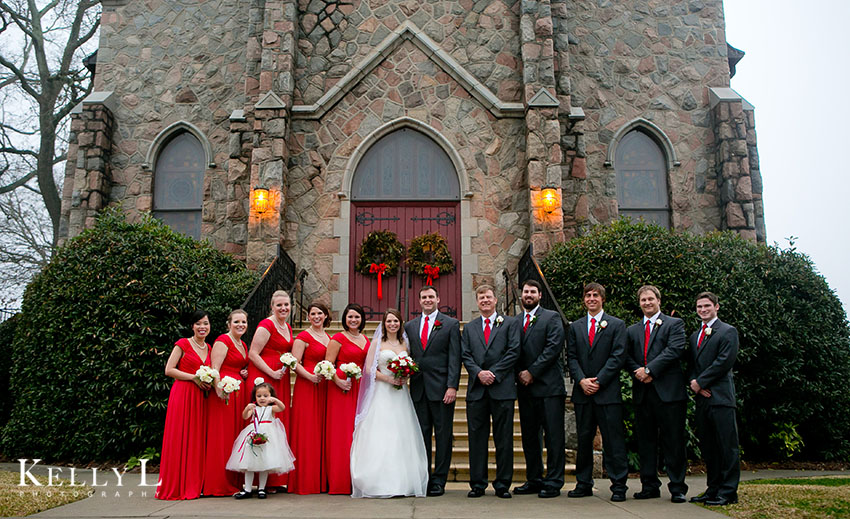 bridal party dressed in red