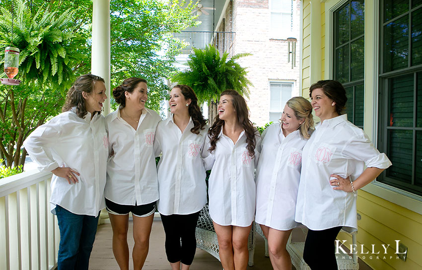 bridesmaids getting ready in matching monogramed shirts
