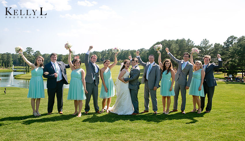 wedding party in teal and gray