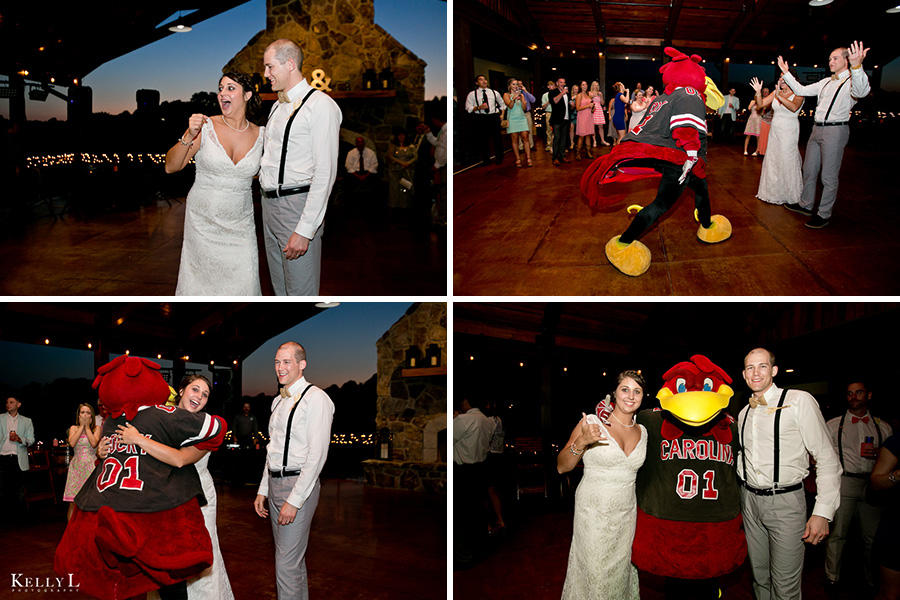 cocky surprises the bride and groom at their reception