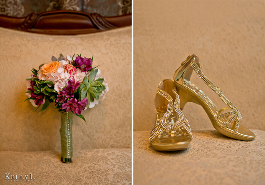 bride's bouquet and gold shoes
