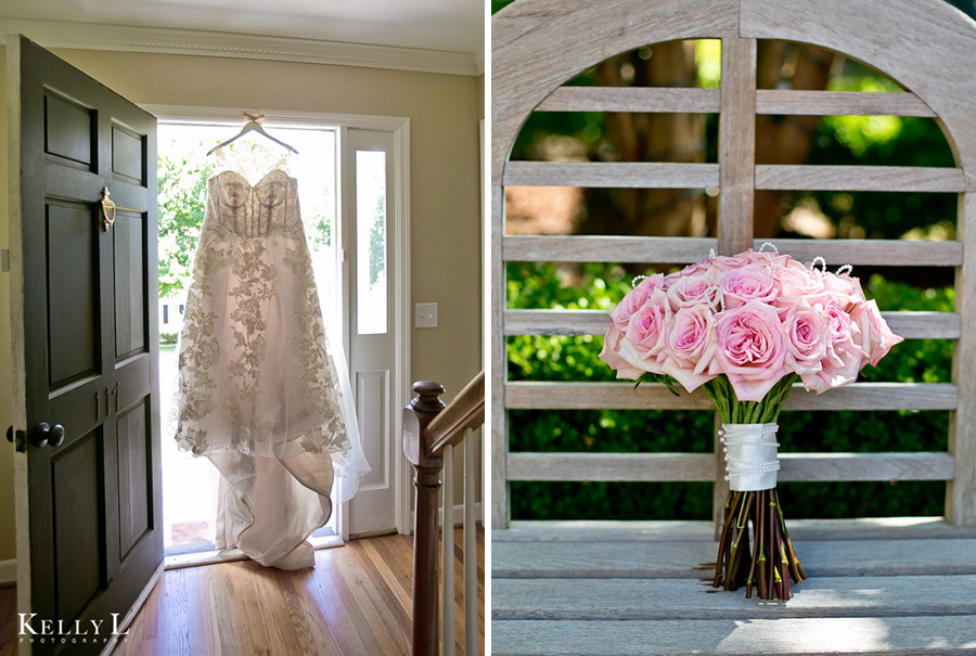 wedding dress and pink bridal bouquet