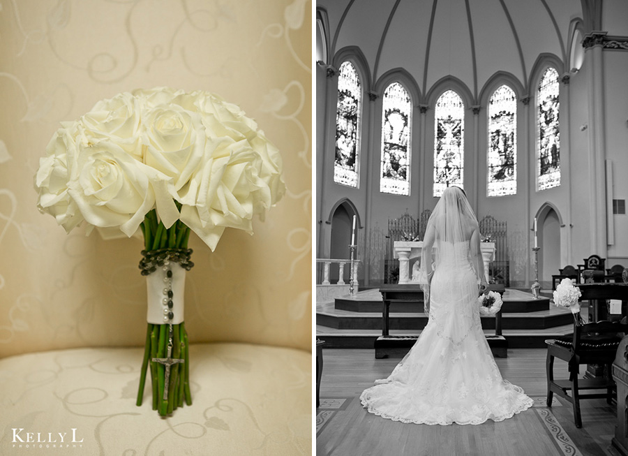 bride in st peter's catholic church, bouquet by american floral