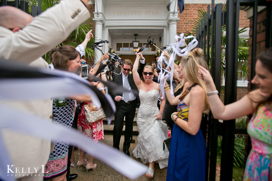 wedding exit with black and white ribbons