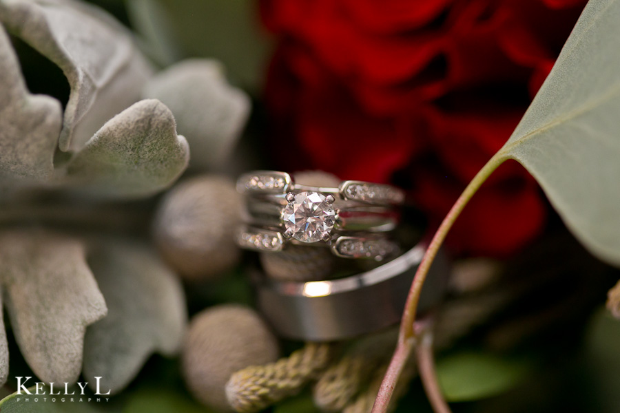 wedding rings on bride's bouquet