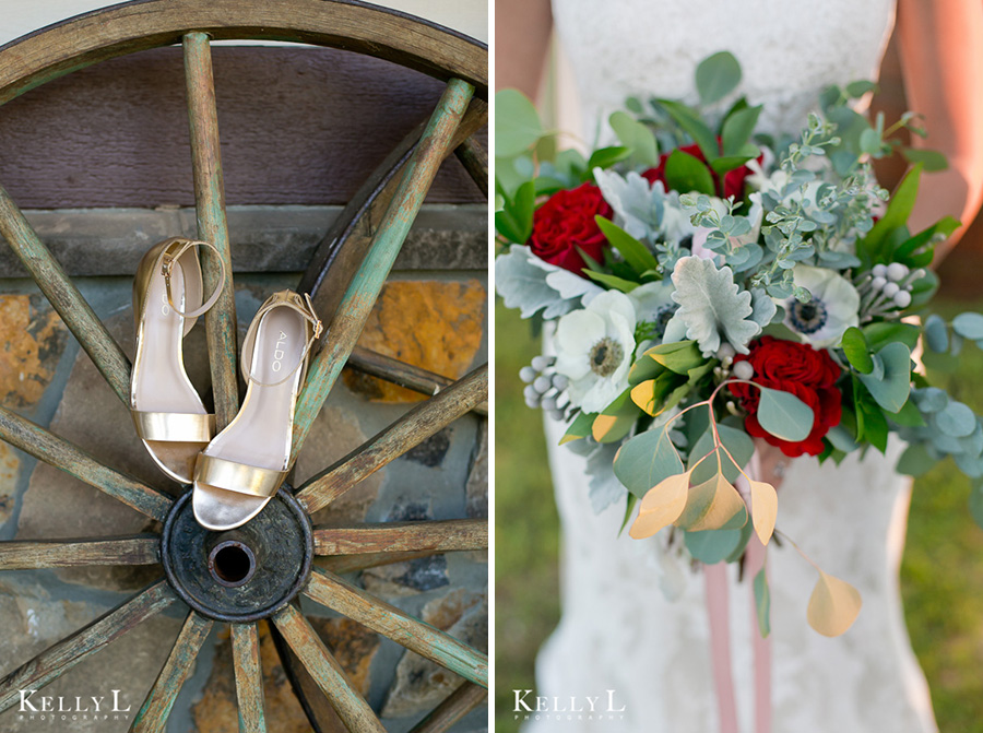 bride's gold shoes and bouquet