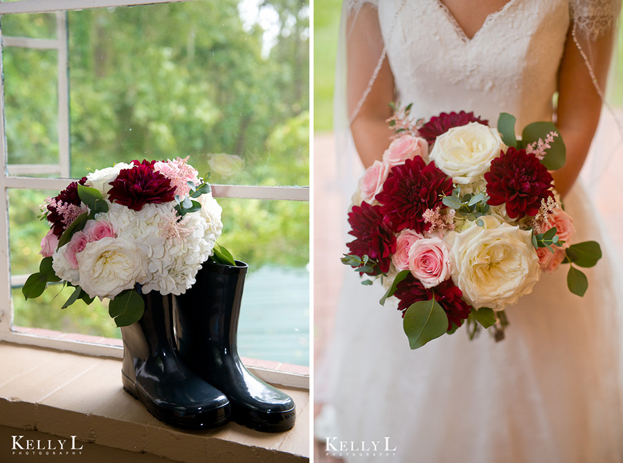 rainy wedding day - bride's bouquet in her rain boots